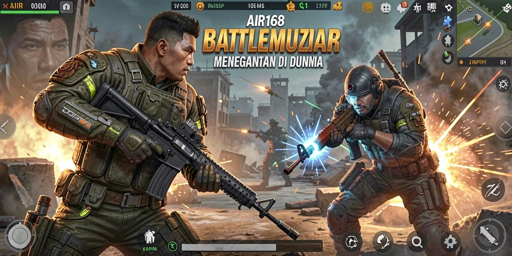 Tangkapan layar utama AIR168 yang menunjukkan aksi seru pertempuran Battle Royale.