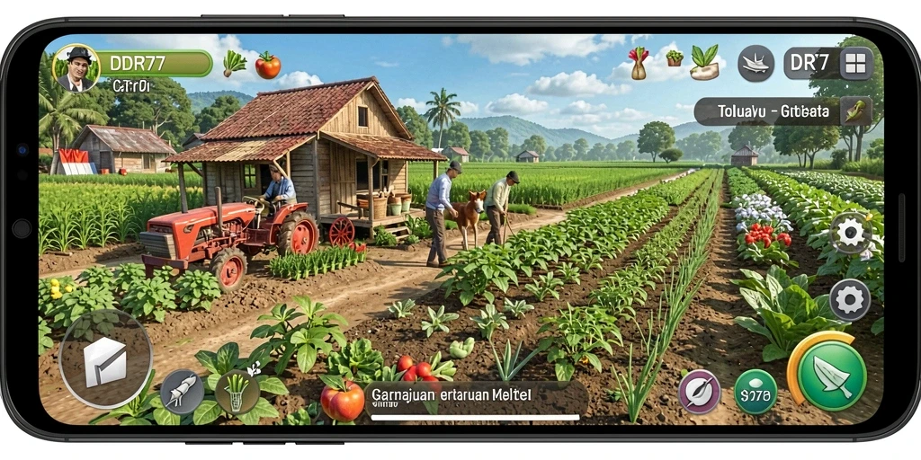 Tangkapan layar gameplay IDR77 menampilkan ladang hijau yang subur dan aktivitas berkebun.