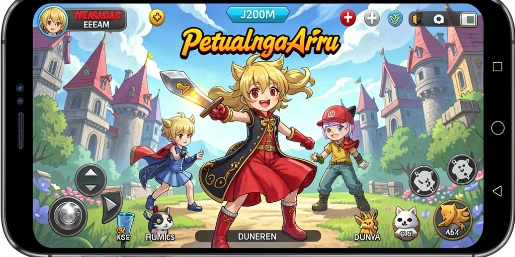 Screenshot gameplay J200M menunjukkan pertarungan karakter anime yang seru.